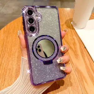 Case for Samsung A07 A17 A06 A16 A26 A36 A56 A14 A34 A54 A15 A25 A24 A35 A55 A05s 5G Luxury Glitter Mirror Ring Holder Wireless Charging Plating Cellphone Protective Cover Accessories