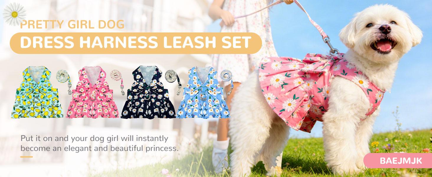 Dog Dress with Bowknot Harness & Leash Set – Floral Princess Outfit for Small Dogs & Cats, Breathable Spring/Summer Pet Clothes