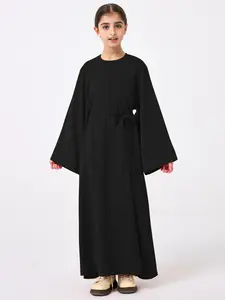 Girl's Solid Belted Dress, Modest Long Sleeve Dress for Daily Wear, Kids Clothes for All Seasons