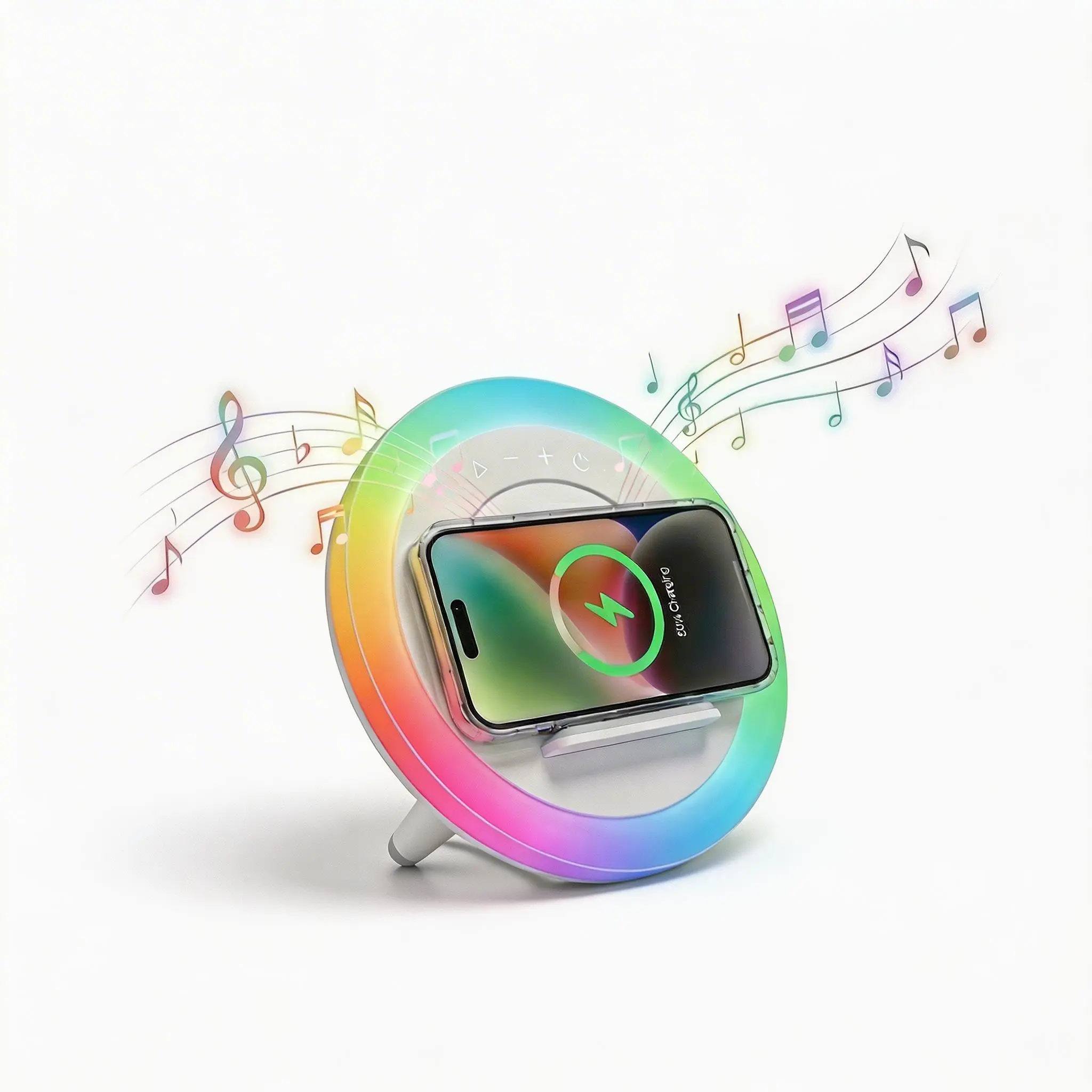 4-in-1 Adjustable Bluetooth Speaker Phone Stand with RGB Ambient Light, Portable Chargeable Wireless Charging Device, BT5.4, HD Stereo Audio, Cool Tech Gadget Gift for Men Home Office Use
