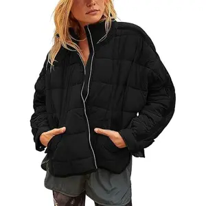 Women Lightweight Quilted Down Jacket Long Sleeve Full Zipper Casual Cotton Coat with Side Pockets