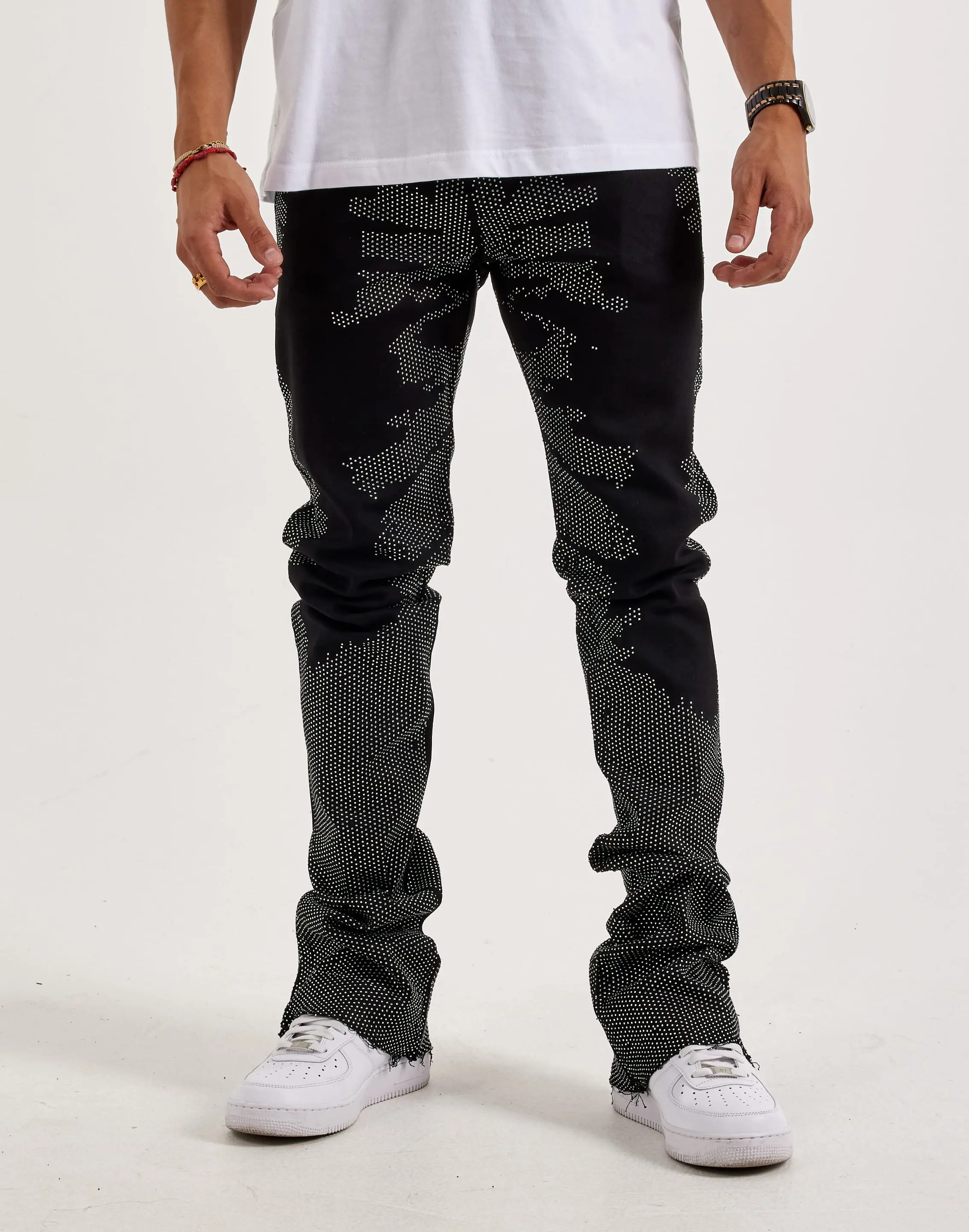 Mens WAIMEA Stacked Flared Rhinestone Denim Jeans
