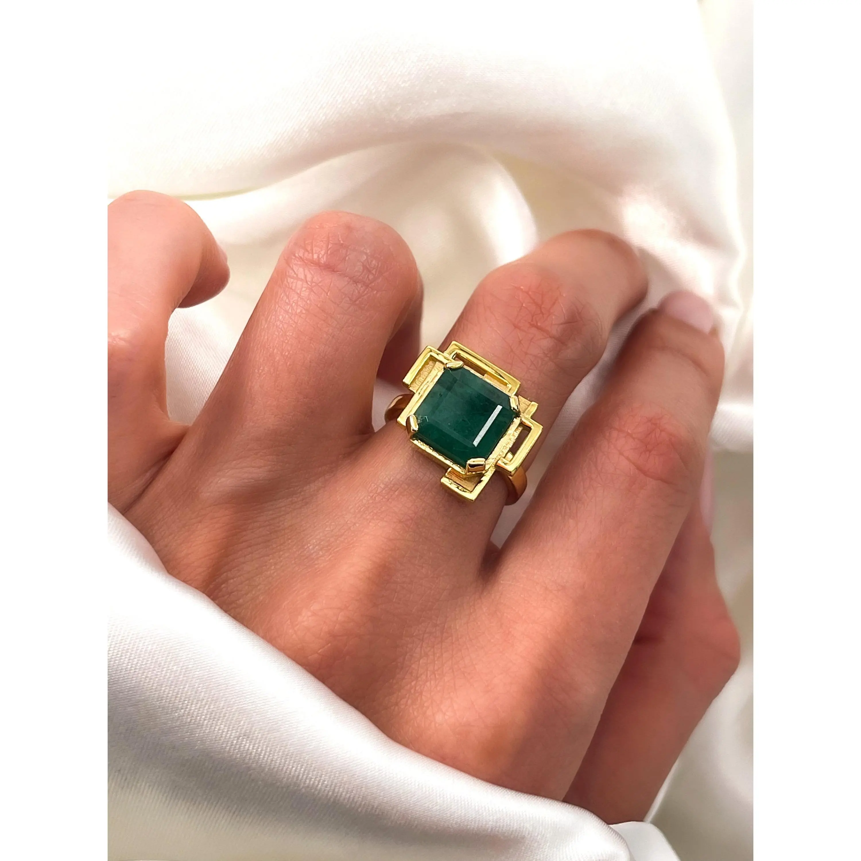 Modern Design Natural Emerald Cut Emerald Ring in Solid 14k Gold