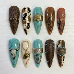 Western Cowboy Press On Nails | Turquoise Sheriff Desert Design Brown Nails | Country Cowgirl Nail Set