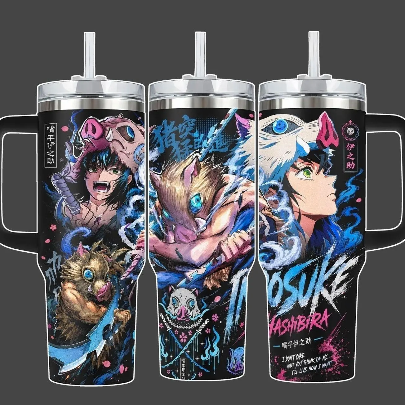 Inosuke Hashibira Demon Slayer Anime Tumbler Cup, Beast Breathing Blue Pink Full Wrap Stainless Steel Insulated Tumbler 20oz/40oz With Straw Lid Included, 40oz Handle Option