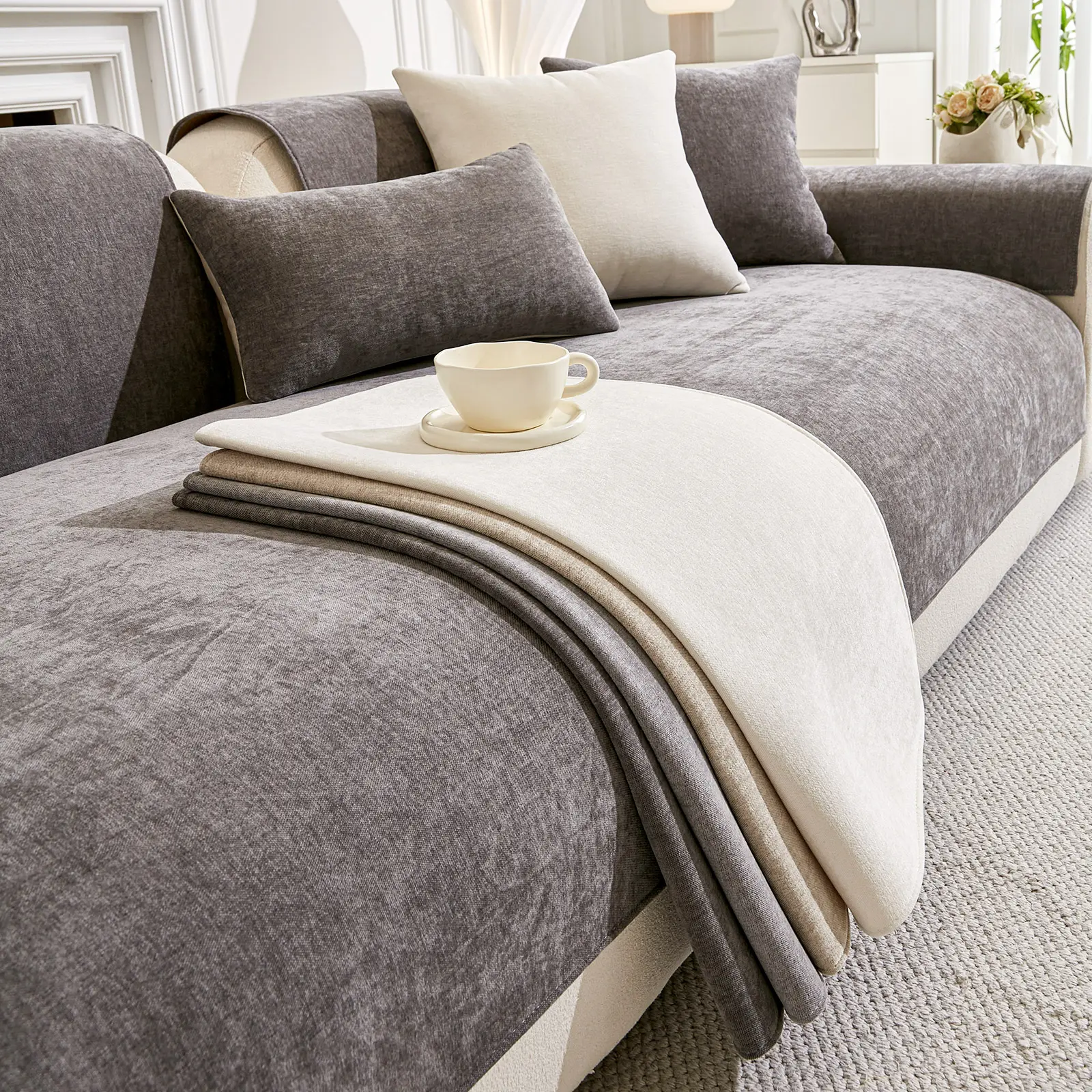 Solid Color Modern Linen Sofa Couch Covers Set, Anti-Slip Durable Fabric for All Seasons, Full Coverage Couch Protector for Home Decor, Washable Sofa Slipcover