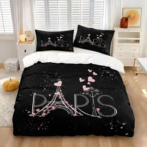 2/3-Pcs Duvet Cover Set, Romantic Paris Eiffel Tower Themed Bedding Set, Soft Microfiber Breathable, Hidden Zipper Closure, Fade Resistant, Perfect for Bedroom, Dorm, Travel, Valentine's Day Gift for Women & Girls