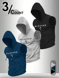 Men's Fashion Sport Hooded Vest, Quick Dry Activewear, Casual Sleeveless Cartoon Pattern, Fitted H-Type Silhouette, Perfect for Daily Wear