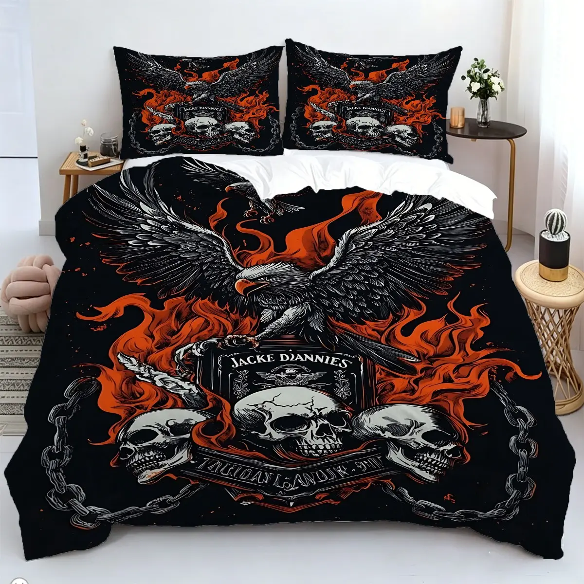 2/3Pcs Black Fiery Eagle Head Skull Tattoo Print Duvet Cover Set, Gothic Style Bedding Set (1 Duvet Cover, 1/2 Pillowcases, Pillow Insert Not Included) Soft Microfiber Bedding, Zip Closure, Suitable for Men'S Bedrooms, Dormitories, and Apartment Decor.