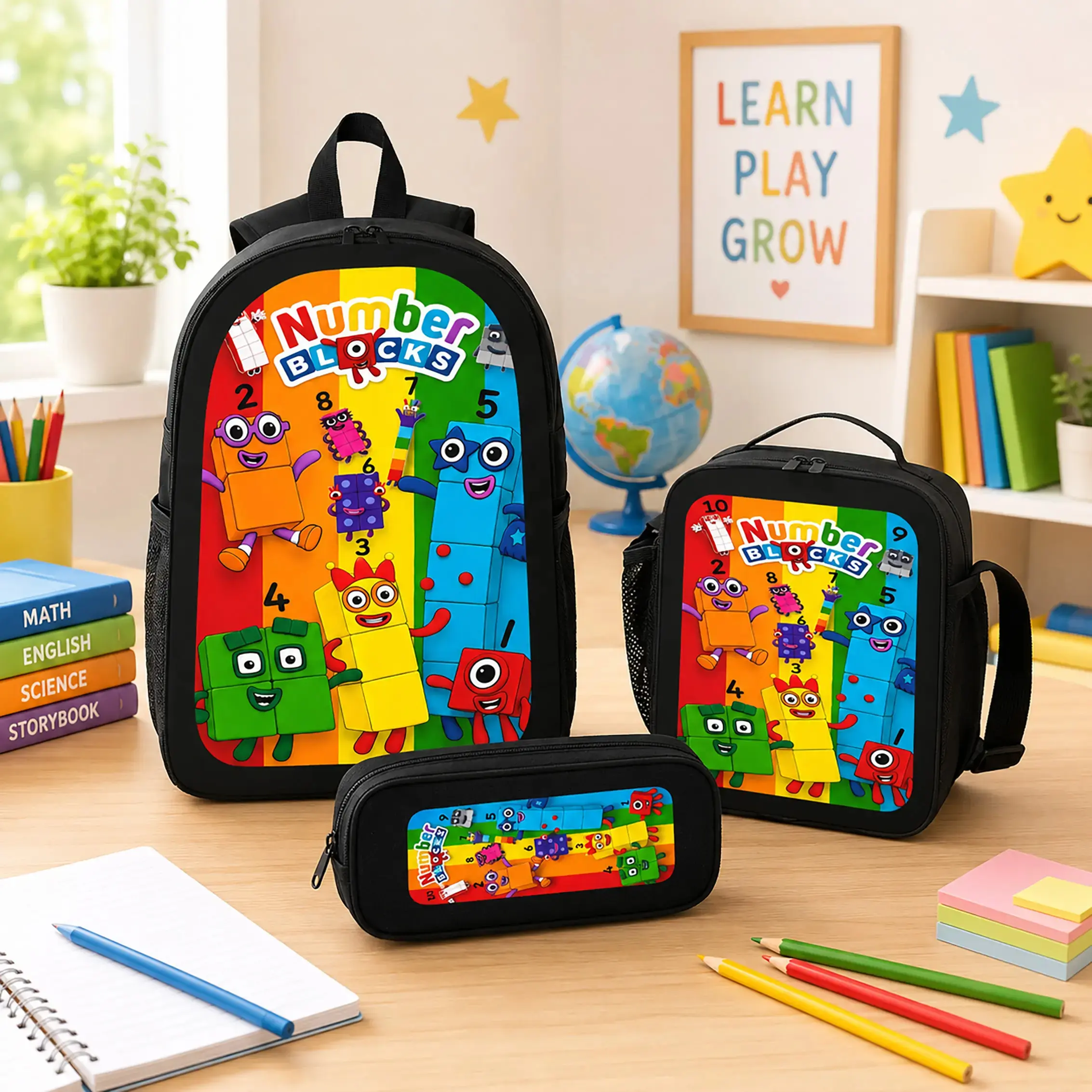 Numberblocks 3-Piece Backpack Set - Polyester, Lightweight, Large Capacity, Breathable Backpacks for School with Pencil Case & Lunch Bag, Cartoon Anime Gift for Toddlers (Kindergarten/Elementary)