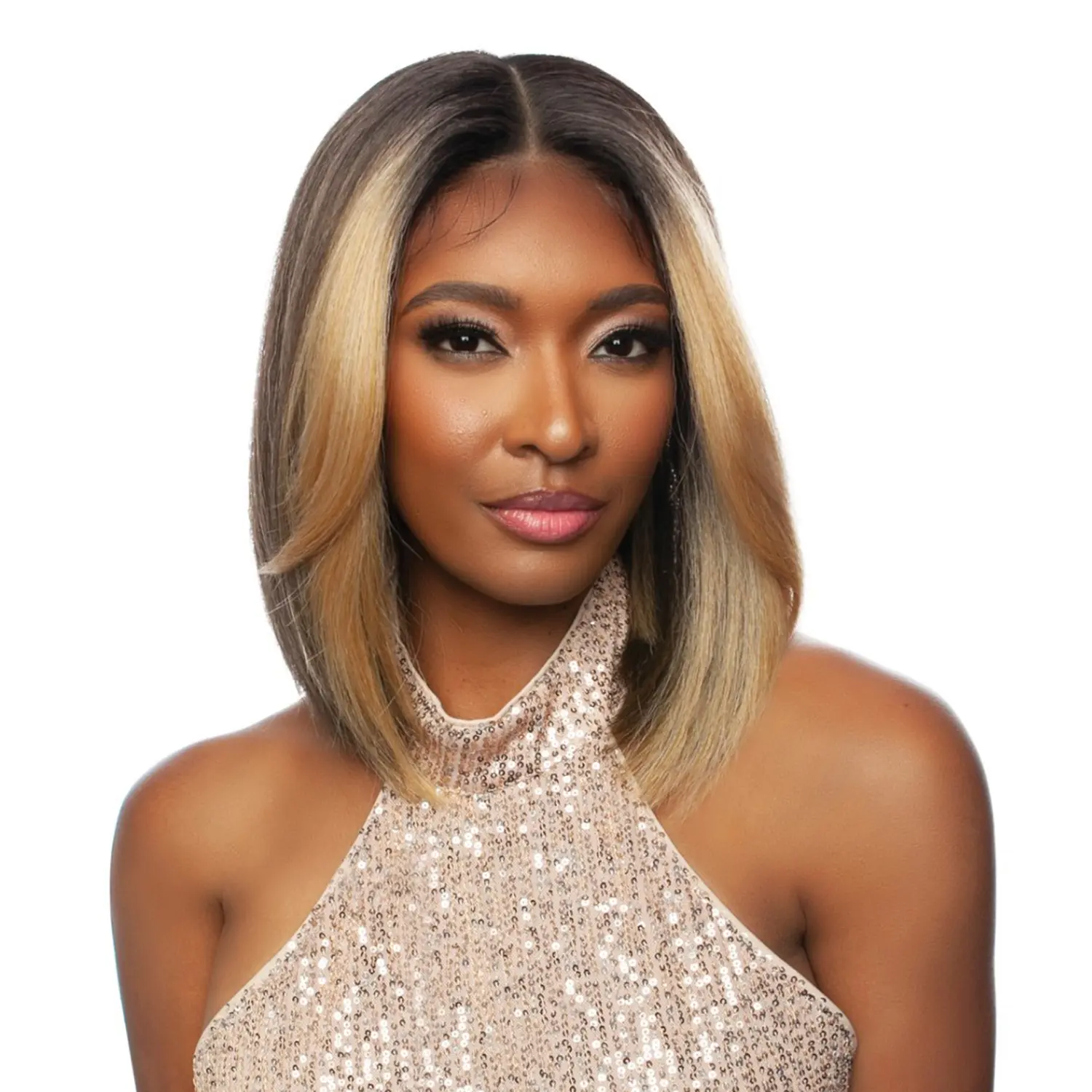 Mane Concept Manon Brown Sugar Glueless HD Lace Front Wig - 12" Straight Human Hair Blend, Curtain Bangs, 4" Deep Part, Lace Frontal Wigs