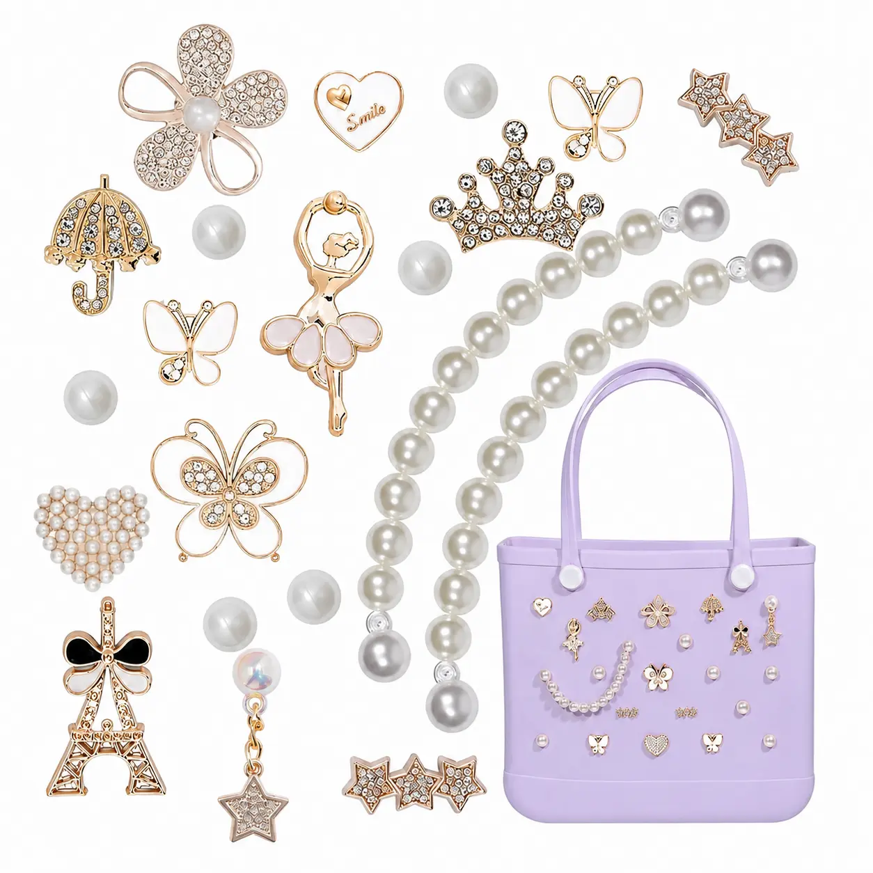 21PCS Pearl Charms for Bogg Bag, Butterfly Flower Pearl Chain Decorative Accessories Compatible with Rubber Beach Tote Bags, Cute Insert Charms for Women’s Beach Bags, Birthday Gift