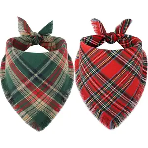 Dog Christmas Bandana with Tassels Edges, 2 Pack Classic Plaid Triangle Dog Apparel & Accessories, Funny Holiday Pet Scarf Costume for Photo Prop, and Party Decor (Large, Red&Green)