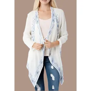 Entro Embroidered Front Drape Cardigan - Cream