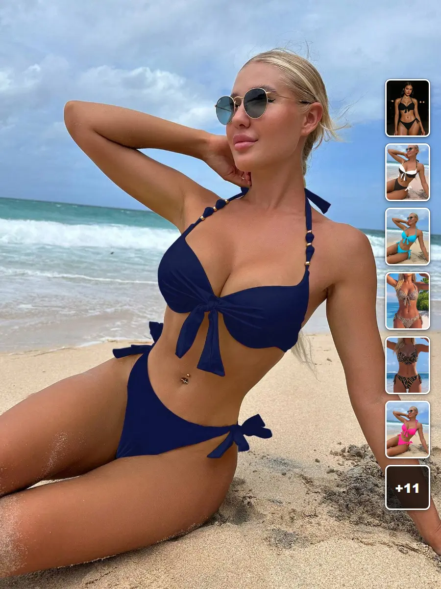 Push Up Bikini Set Knot Detail Wired Bra Summer Beach Vacation Swimsuit