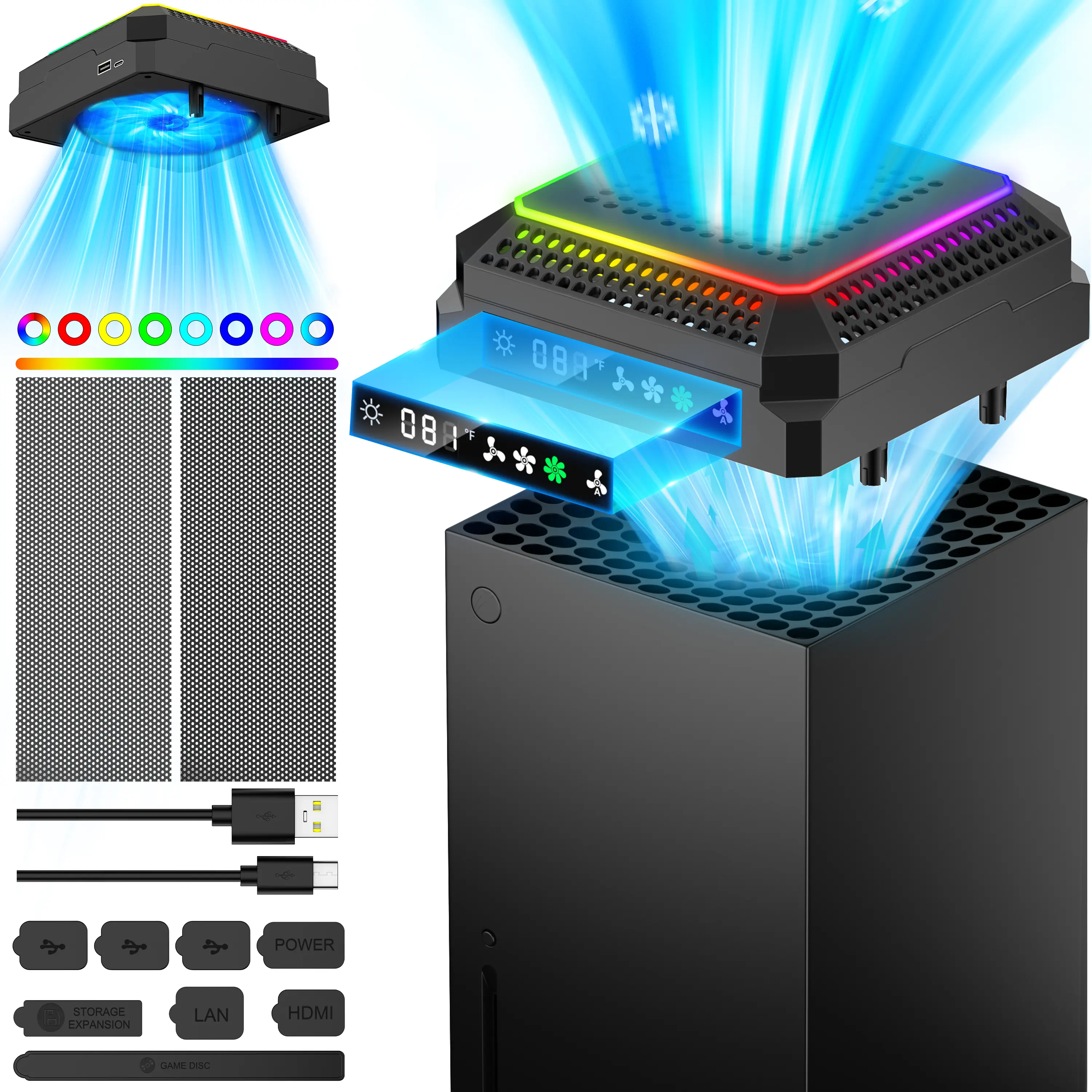 ESYWEN Xbox Series X Cooling Fan with Smart Display – 11 RGB Modes, Auto-Temp Sensing & Full Dustproof Kit