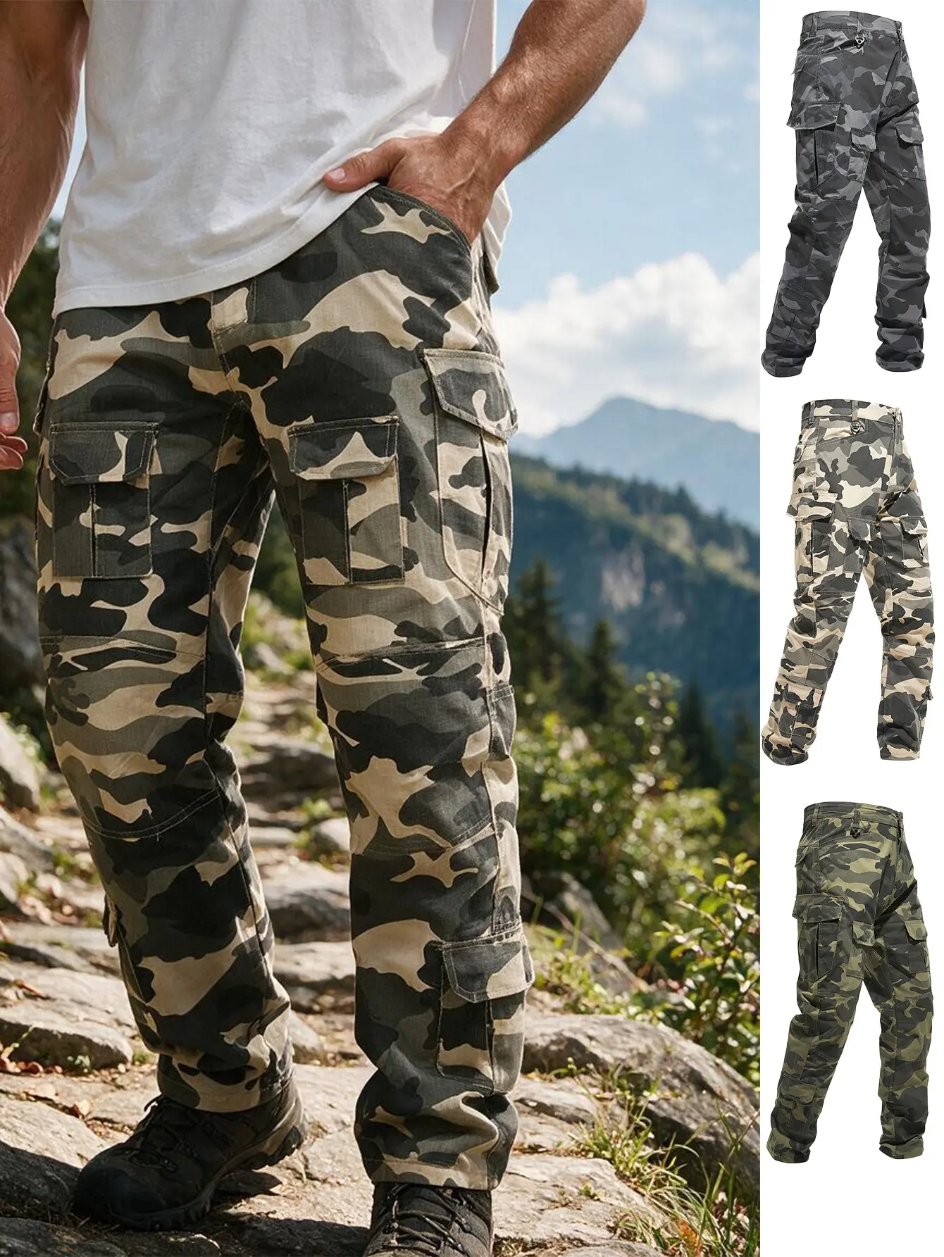 Men's Camo Tactical Cargo Pants - Straight Multi-Pocket Menswear Military-Style Outfits, Wear-Resistant Trousers for Hiking, Construction Work, 3 Classic Camo Patterns