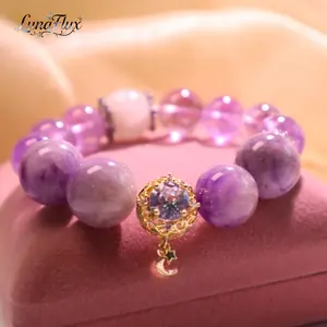 LunaFlux [Purple Whisper] Handmade Amethyst Beaded Bracelet lady-Gold Plated ZirconPendant, Energy Crystal Gift for Her Healing Protection