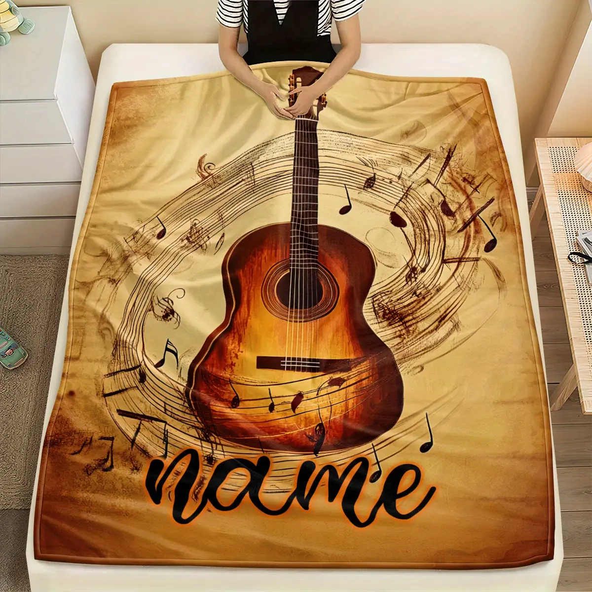 Customized Music Personalized Guitar Flannel Throw Blanket - Lightweight, Warm, Custom Name, Vibrant Print, 80x120cm/31.5x47.2in, Indoor Use, Home Travel Gift, Soft Textile Furnishing