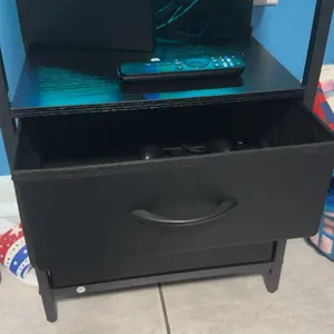Night Stand with Charging Station, LED Nightstand with U-S-B Ports and Outlets, 2 Fabric Storage Drawers with PU Finish, Small Bedside Table, Black