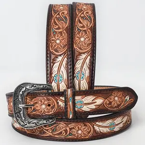 American Darling Beautifully Hand Tooled Brown Genuine Leather Belt Men and Women Western with Removable Buckle