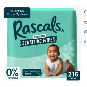 Rascal Premium Sensitive Baby Wipes 216 Count Fragrance-Free Hypoallergenic 99% Natural Formula for Diaper Body & Hand Use Newborn Care