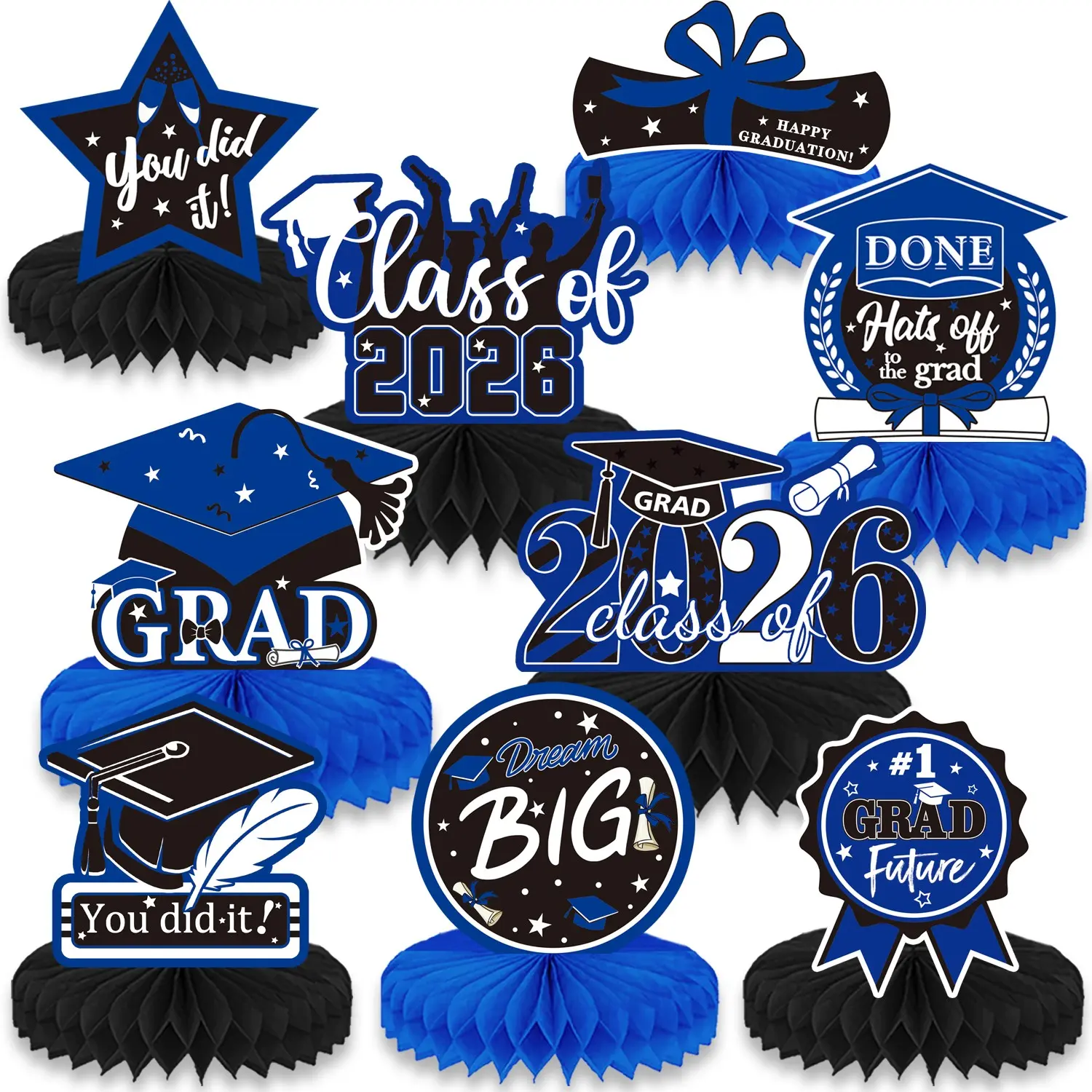 9PCS Blue Graduation Party Decorations Party Event Props Class of 2026 Congrats Grad Honeycomb Centerpieces Blue Congratulate Table Toppers for Party Favor Supplies Grad Party Favors Graduation Party Set