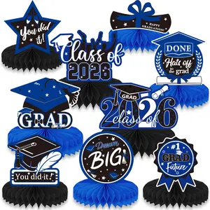 9PCS Blue Graduation Party Decorations Class of 2026 Congrats Grad Honeycomb Centerpieces Blue Congratulate Table Toppers for Party Favor Supplies