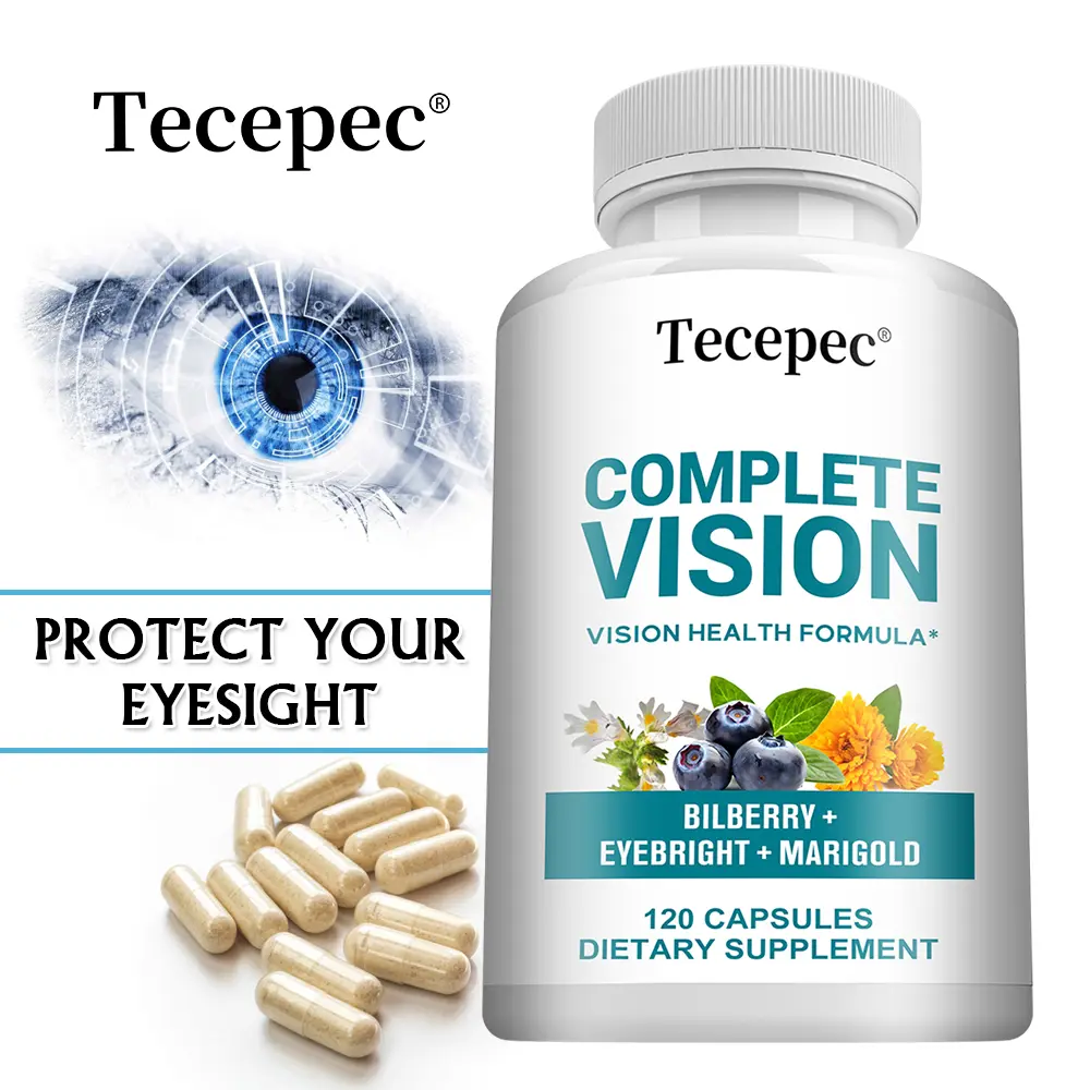 Tecepec Natural Edible Organic Eye Vitamin Supplement Blend - Advanced Formula with Lutein, Bilberry, Eyebright, 120 Capsules, 24-Month Shelf Life, Unflavored, Eye Health, Blue Light Support