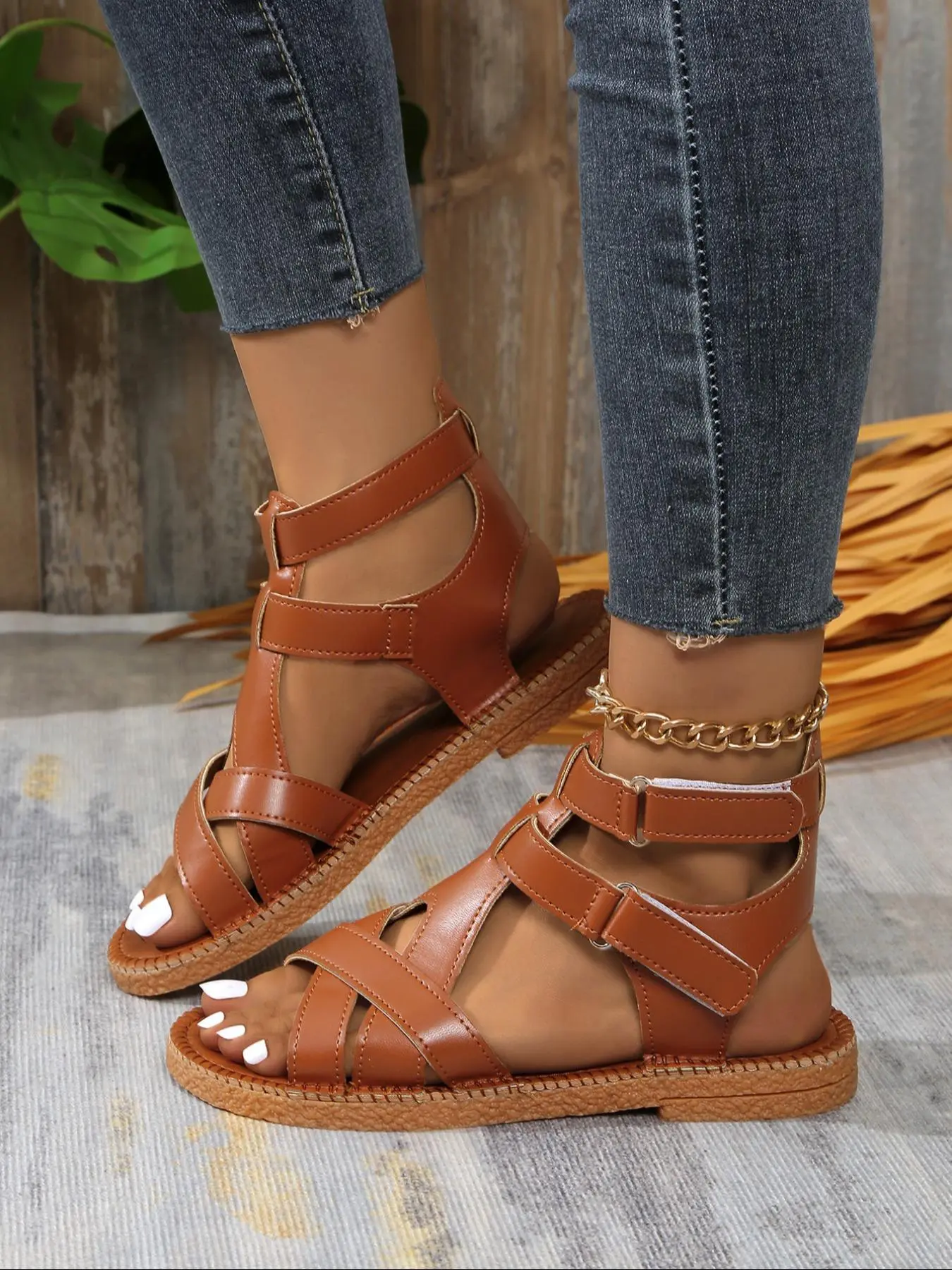 Women's Fashionable Gladiator PU Leather Sandals, Casual Versatile Buckle Decorated Sandals for Summer, Lightweight Comfortable Shoes for Daily Wear, Casual Summer Footwear, Girl, Lightweight Strappy Sandals
