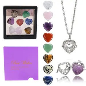 Natural Healing Gemstone Seven Chakra Heart Pendant Set, Amethyst & Selenite Yoga Collection, Reiki Crystal Crafts with Gift Box, Heart Shaped Pendant