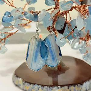 Blue Agate Glow Hoop Earrings - Genuine Stone, Chakra Balancing, Emotional Harmony, Hypoallergenic Copper Alloy, One Size Fits Most