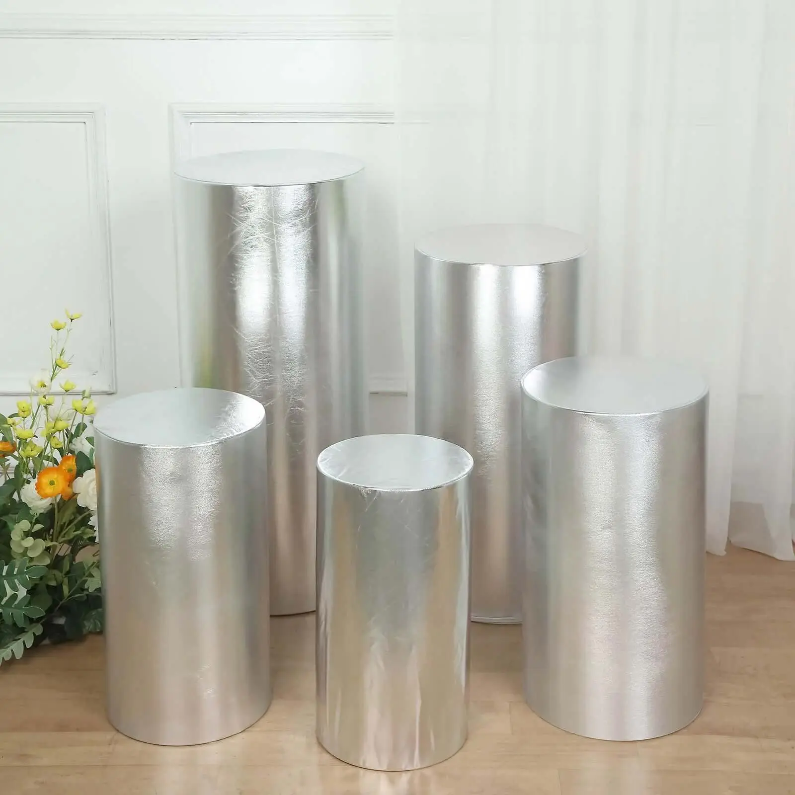 Home Supplies 5-Piece Metallic Silver 130 GSM Shiny Stretchable Spandex Cylinder Pedestal Stand Dust Covers - Decorative Wedding-Ready Pillar Prop Covers for Baby Shower, Home Decor Stores