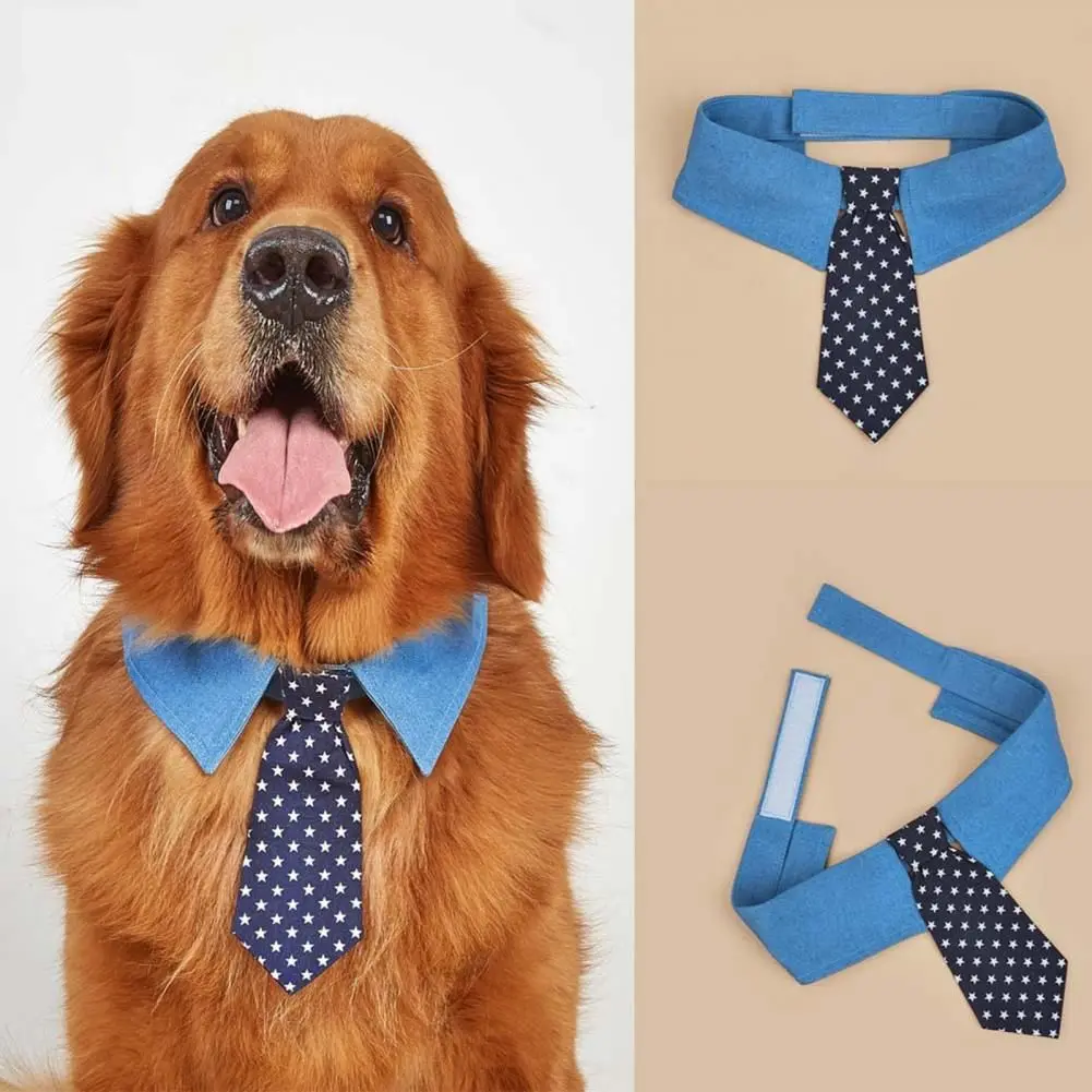Durable Pet Collar Adjustable Denim Pet Collar With Star Pattern Dog Necktie For Holiday Weddings Formal Events For Dogs