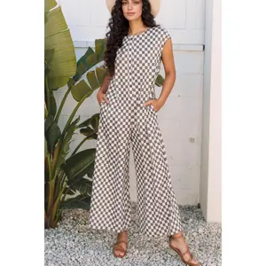 Checkered Print Crew Neck Wide Leg Jumpsuit