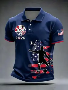 Men's Casual Sporty Short Sleeve Collared Polo Shirt, Football and Usa Flag Print, Polyester, Breathable, Daily Wear