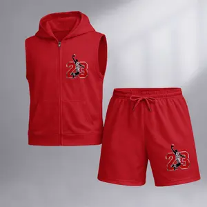 Men's 23 Basketball Player Graphic Sleeveless Hoodie Shorts Set 2 Piece Outfit Number 23 Dunk Print Zip Up Hooded Vest Drawstring Shorts Summer Casual Gym Workout Streetwear Breathable Lightweight Athletic Lounge Set