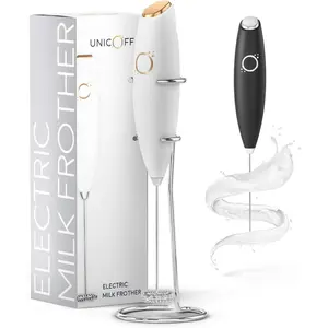 Milk Frother White - Coffee Frother Handheld with Electric Whisk - 19000 rpm - Book Recipes and Stainless Steel Stand Included - Hand Mixer Electric (White and Gold)