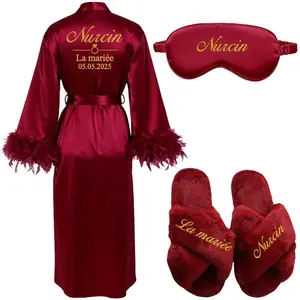 Customized Bathrobe for Women Personalized Name And Date Robe Add Any Text Gown for Bridal Party Feather Bride Robes