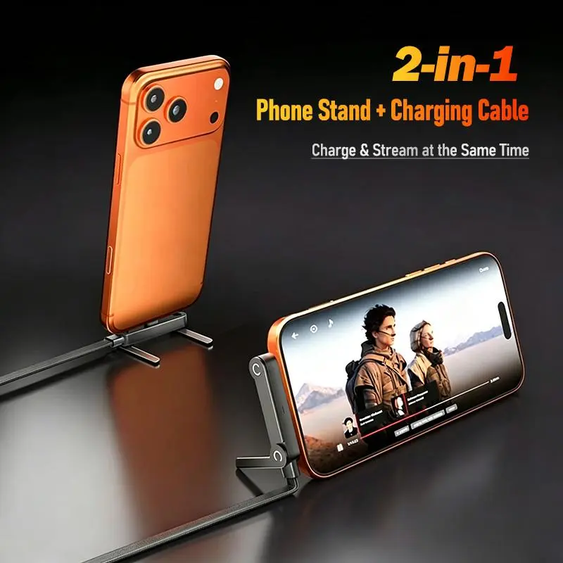 240W T-shaped Fast Charging with Foldable Phone Holder 2-in-1 Charging Cable, Zinc Alloy Braided Rope Type-C Cable, Invisible Holder Charger Cable with Stand for Charge & Stream or Game, Compatible with iPhone 15-17 Samsung S21-26 Tablets