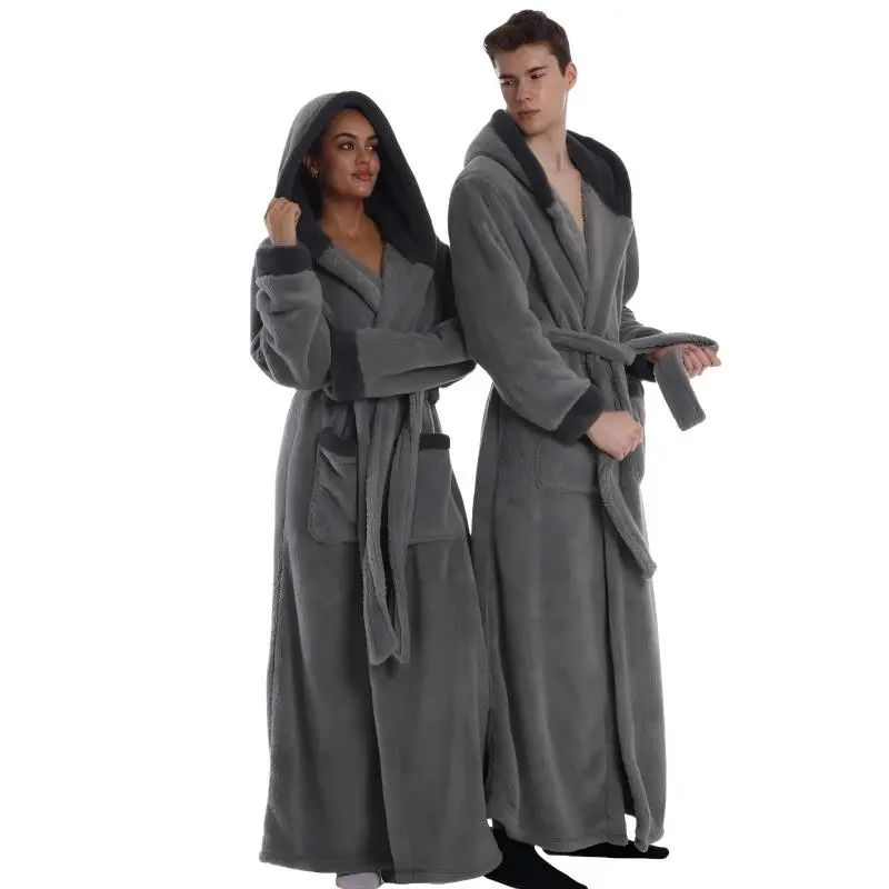 Women’s & Men’s Hooded Flannel Robe, Long Sleeve One Size Lounger with Belt, Soft Cozy Winter Sleepwear, Warm Loungewear for Home, Relaxing, Sleeping, Chilly Weather and Everyday Wear