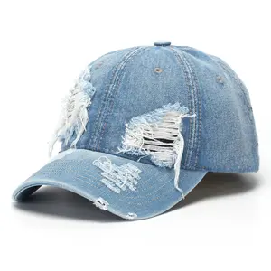 Unique Women'S Hat, Fashionable Vintage Washed Blue Baseball Cap, Vintage Letter Embroidery On The Side, Distressed Brim Cap, Simple Wide Brim That Makes The Face Look Smaller, Sun Protection, Suitable For Hiking, Unisex Versatile Style, Adjustable Size