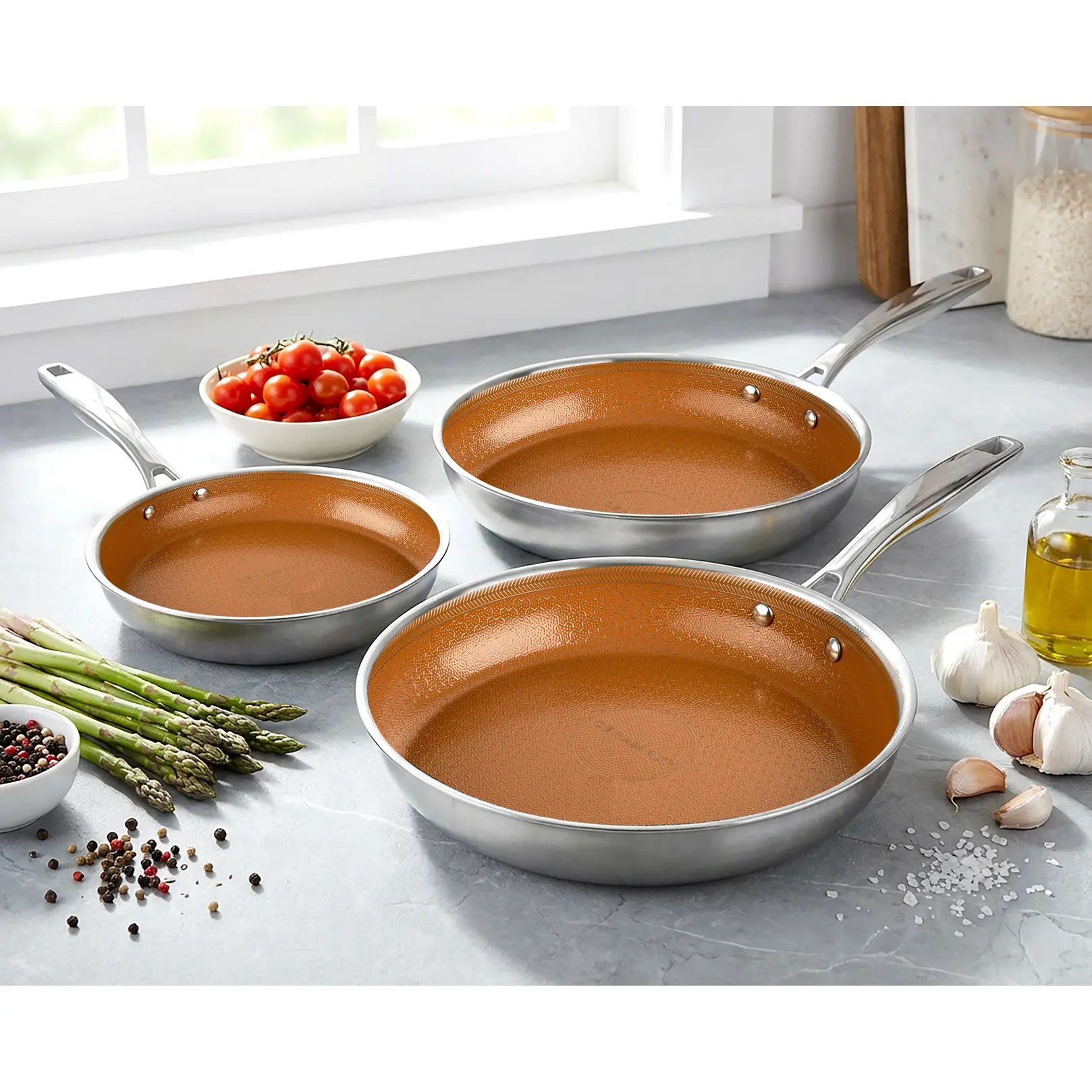 Ceramax 3 Piece Tri-Ply Stainless Steel Ceramic Etched Frying Pan Set