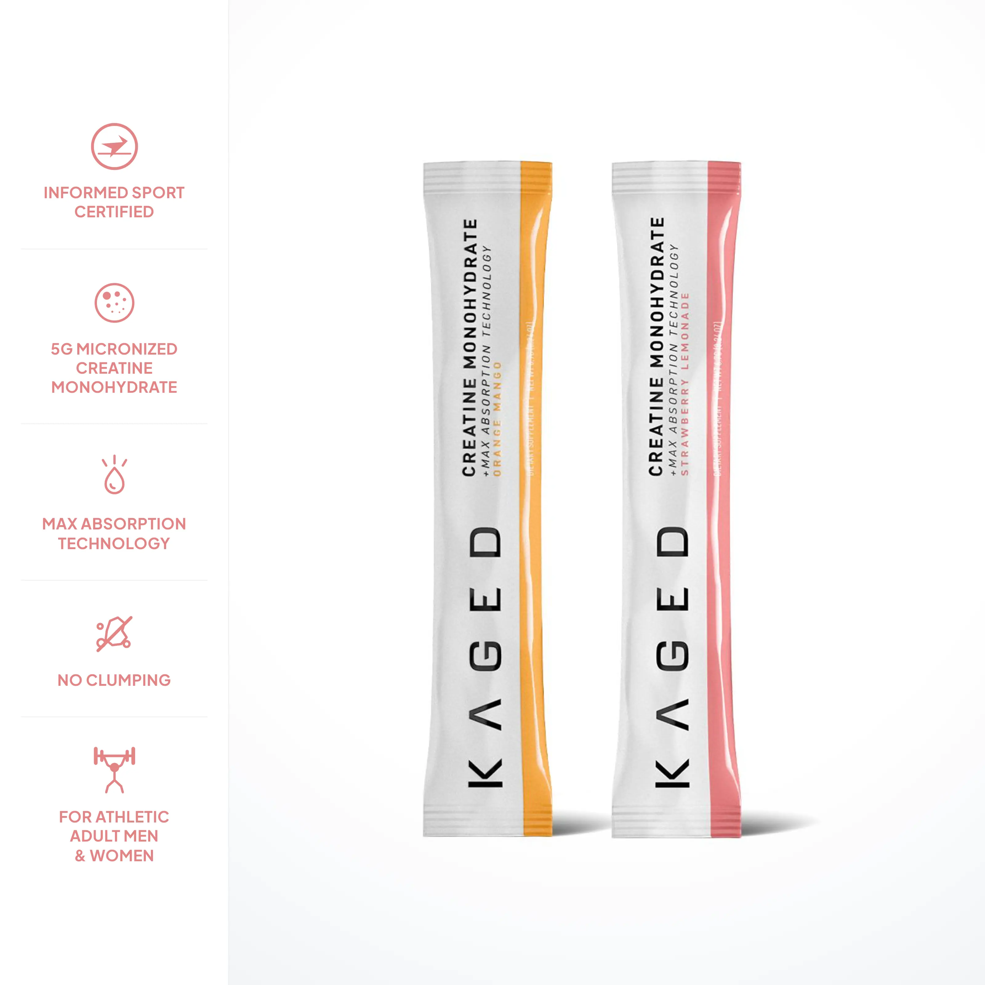 Kaged Creatine Monohydrate Stick Packs for Women & Men | 5g Micronized Creatine + MAX Catalyst for ~40% Better Absorption | Strawberry Lemonade & Orange Mango | Informed Sport Certified