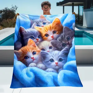 1pc Adorable Kittens HD Print Flannel Fleece Blanket - Lightweight Cozy Soft Flannel Material Throw, Durable Anti-Pill, Vivid 3D Cat Design, Machine Washable for Sofa, Bed - Ideal Gift for Cat Lovers, Flannel Fleece Blankets