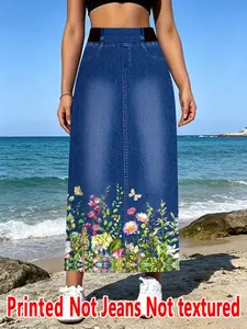 Women's Long Dress, Non-Denim Fabric, Floral Printed Half Skirt, No Texture, Fake Denim Print, Ladies' Fashionable Long Skirt