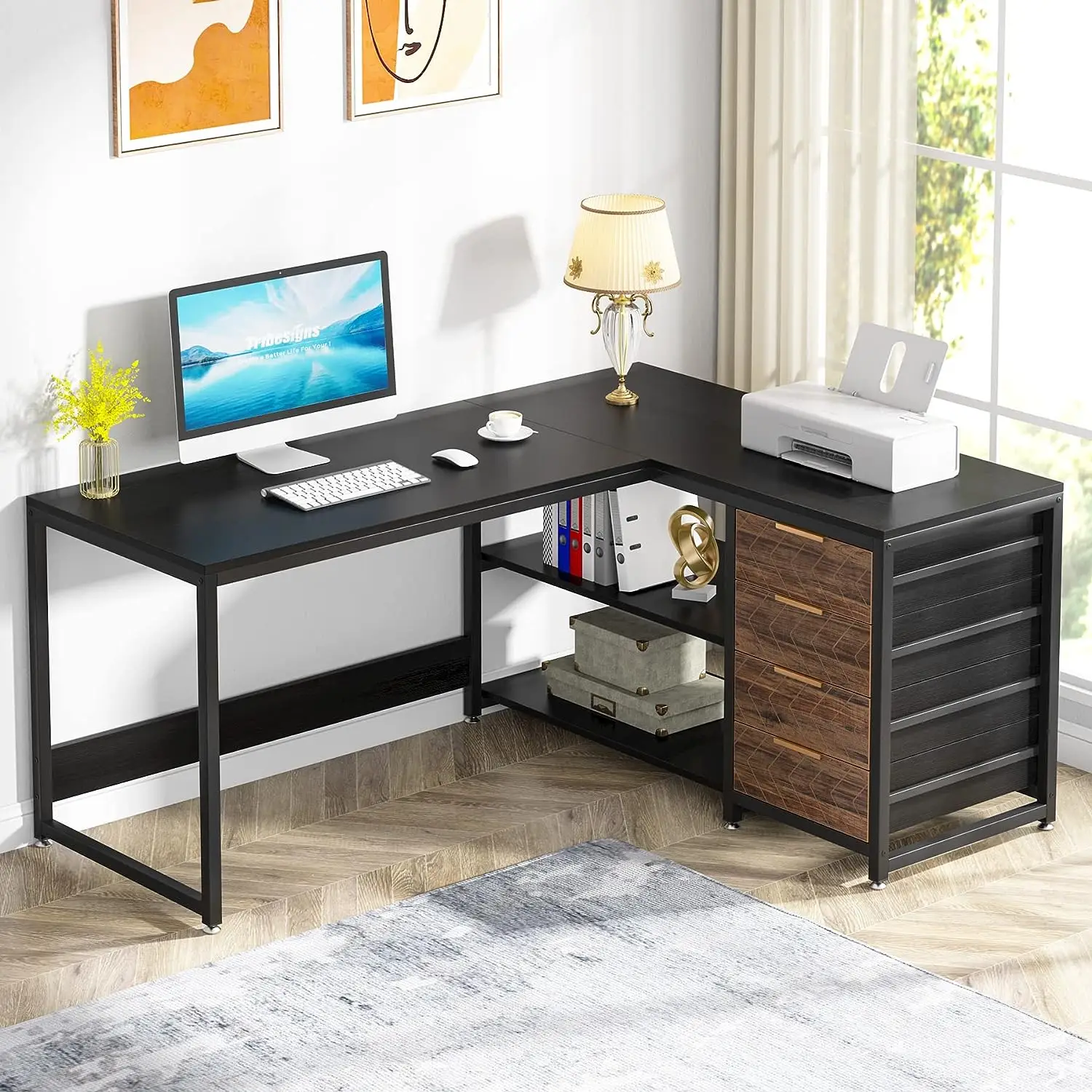 Tribesigns 59 inch L Shaped Computer Desk with 4 Storage Drawers for Home Office