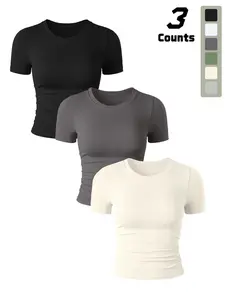 Women's Solid Color Crop Sports Tee, Stretch Athletic Tee, Breathable Comfortable Short Sleeve Crew Neck T-shirt for Yoga Gym Workout, Ladies Sportswear for Summer, Athletic Tops