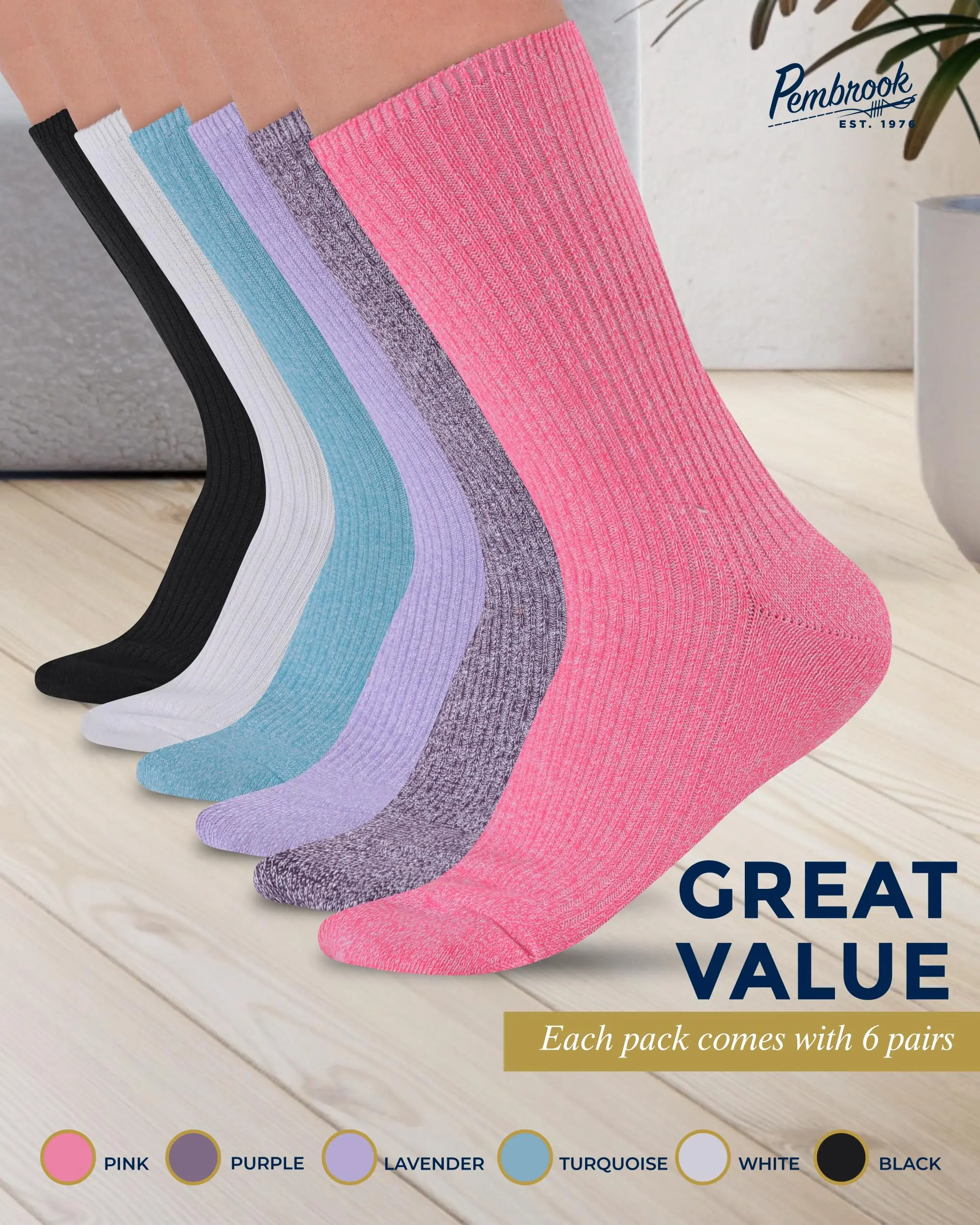 Pembrook Bamboo Viscose Diabetic Socks for Women Size 9-11 | 6 Pairs Ribbed Knit Crew Socks | Multiple Colors Pembrook Bamboo Viscose Diabetic Socks for Women Size 9-11 | 6 Pairs Ribbed Knit Crew Socks | Multiple Colors