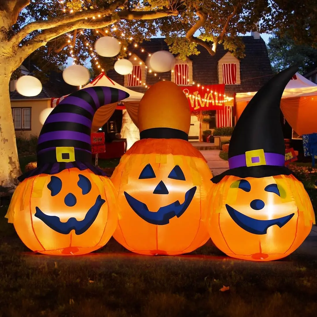 GOOSH 6.5 FT Halloween Inflatables Outdoor Pumpkin Combo with Wizard hat Blow Up Yard Decoration with LED Lights Built-in for Holiday Party Yard Garden